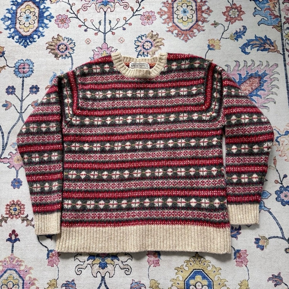Newton Trading Co Fair Isle Sweater Red Shetlland Wool Large Knit Vintage